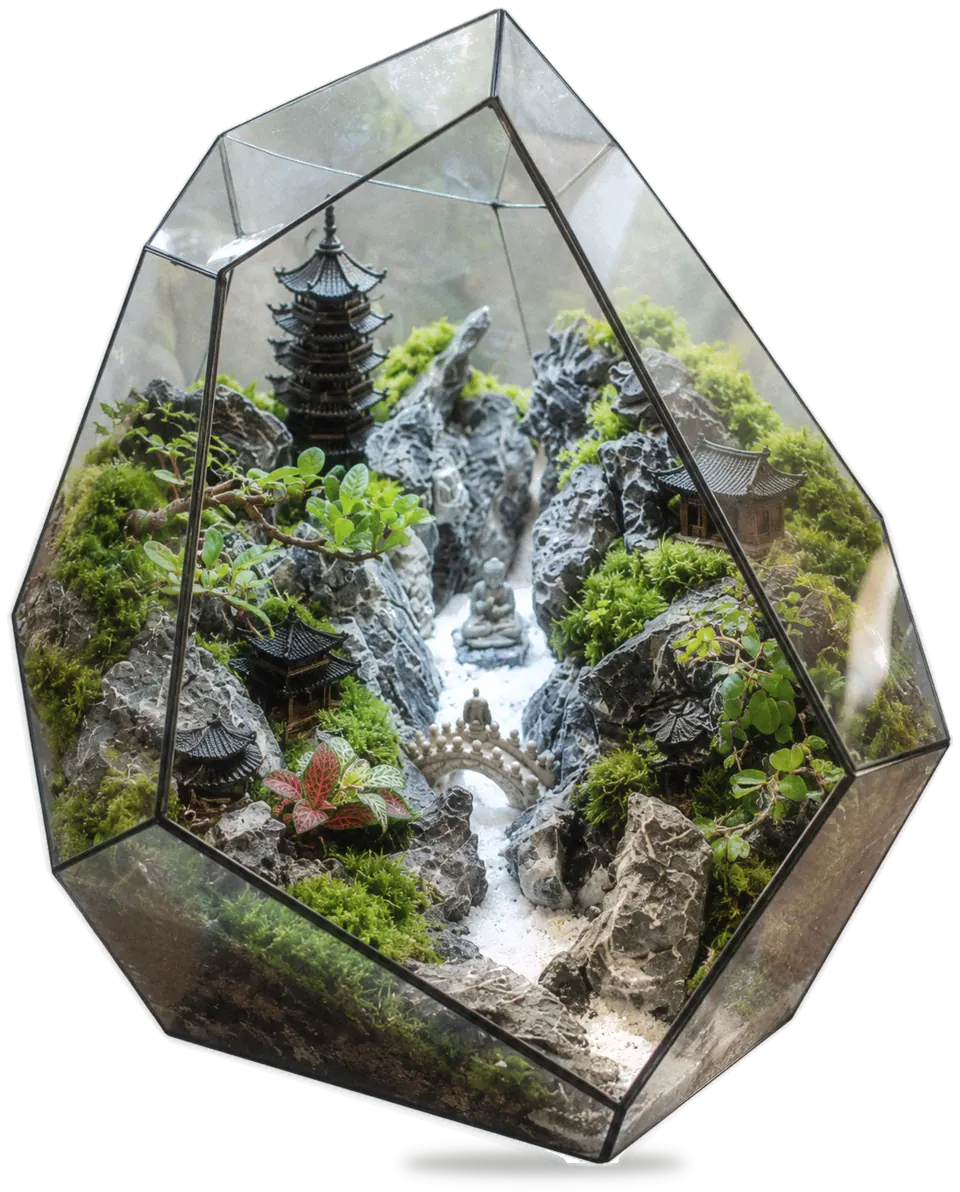Becoming: a faceted glass terrarium holding a mountain of grey stone, moss and small trees, with a white path climbing past a pagoda and a stone bridge to a Buddha